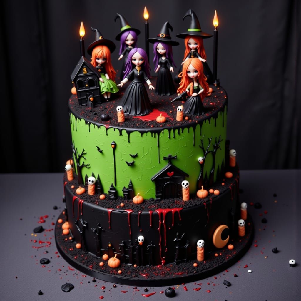 Spooky Halloween Birthday Cake with Vampire and Witch Decora...