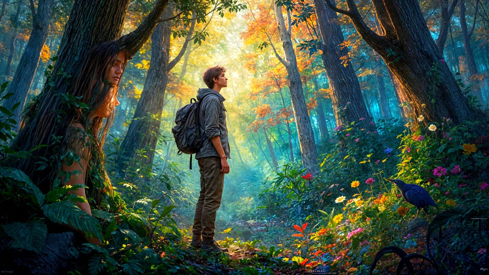 Explorer in Ethereal Forest Under Divine Light