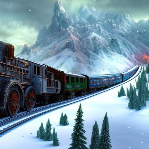 Fantastical Snow Train in Mountain Landscape
