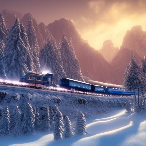 Snow Train in Mountains: Detailed Fantasy Art