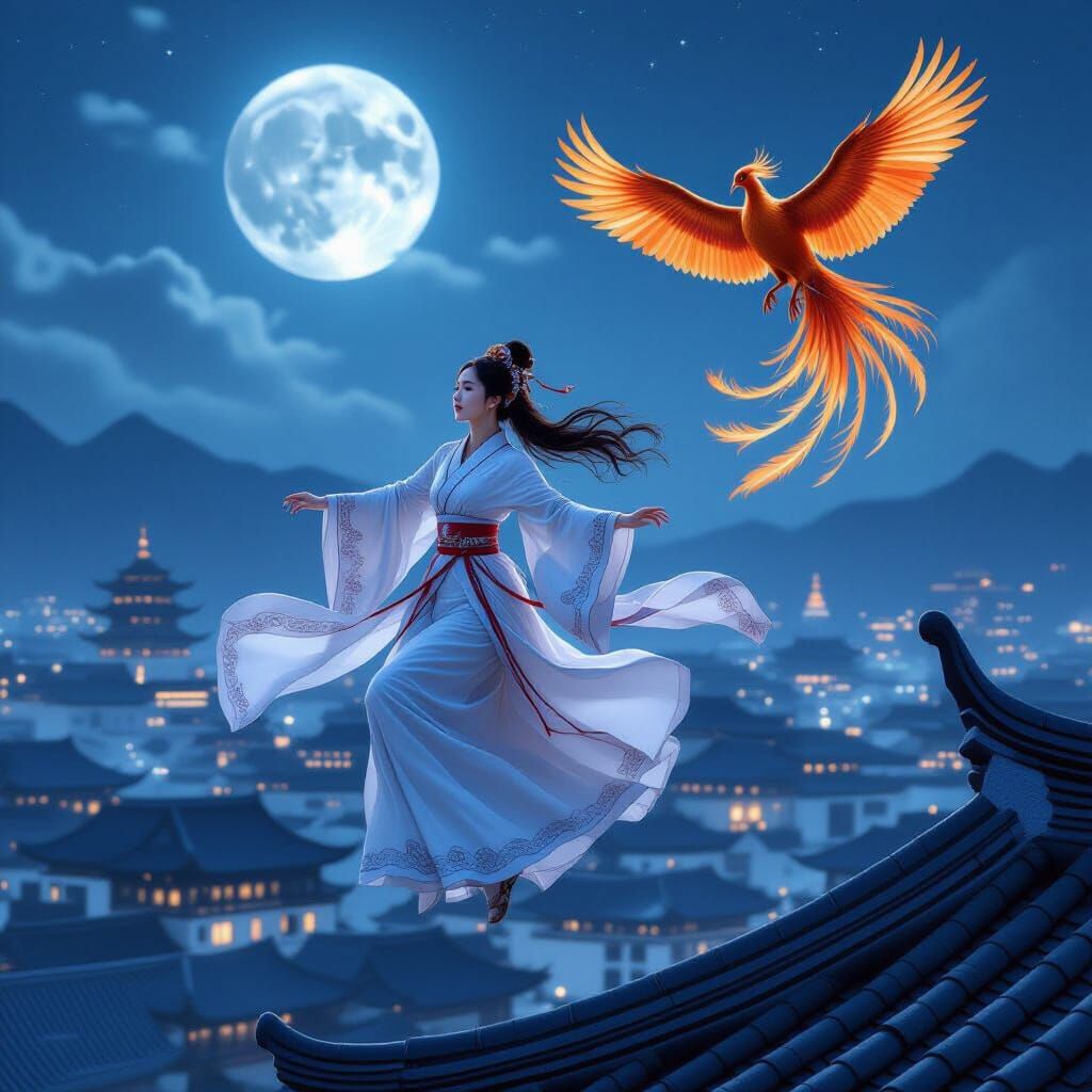 Girl in Hanfu Leaping Over City with Phoenix