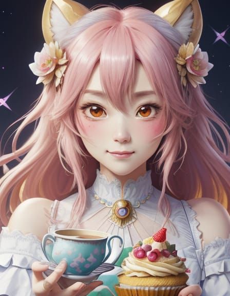 Kawaii Chibi Cupcake Tea Party in Pastel Colors