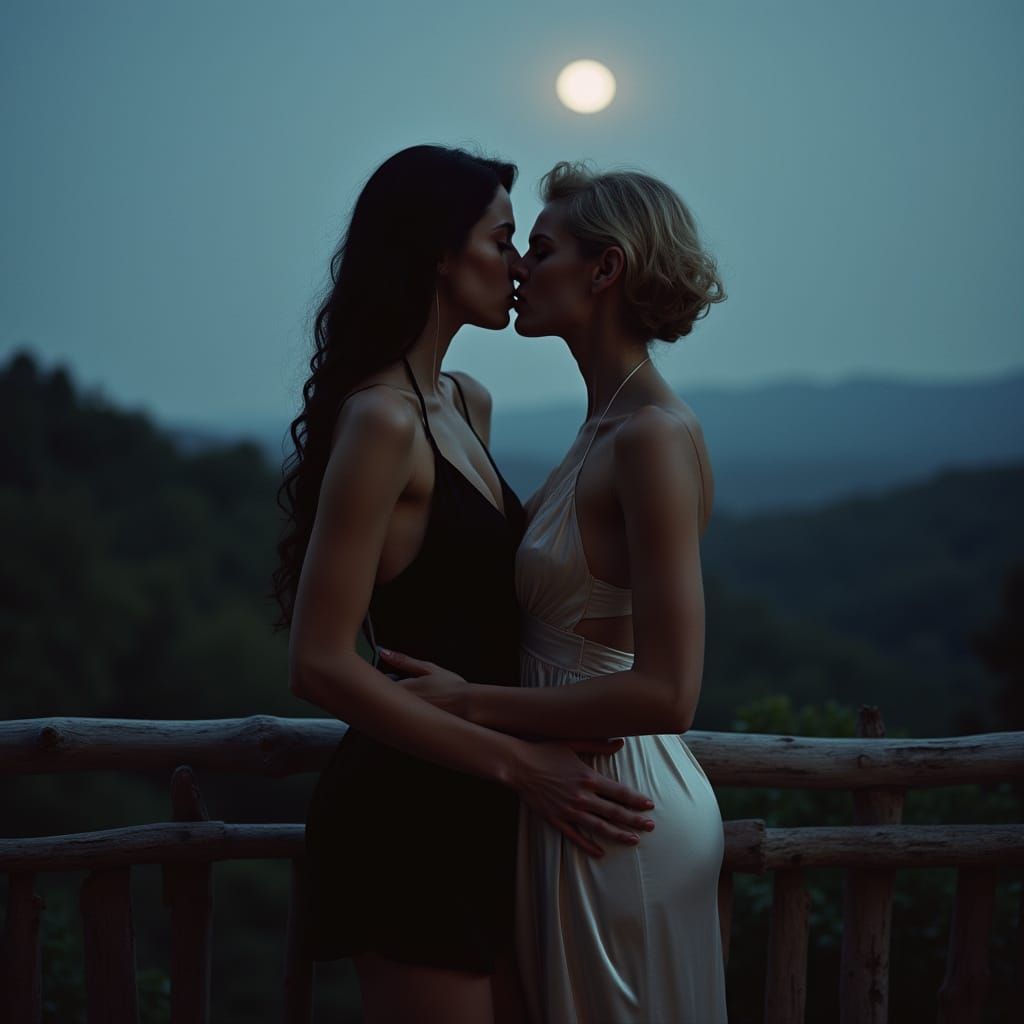 Intimate Moonlight Romance: Cinematic Photo of Two Women