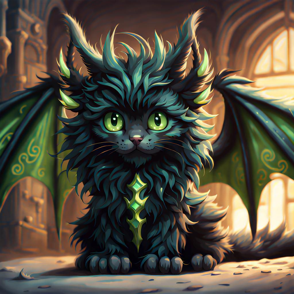 Kawaii Black Maine Coon Kitten Dragon Concept Art