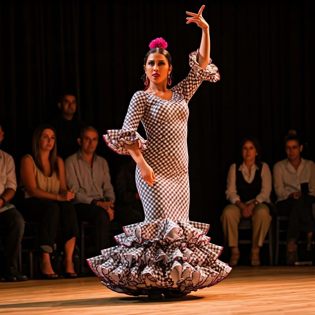 Flamenco Dancer in Traditional Gingham Dress Performs with P...