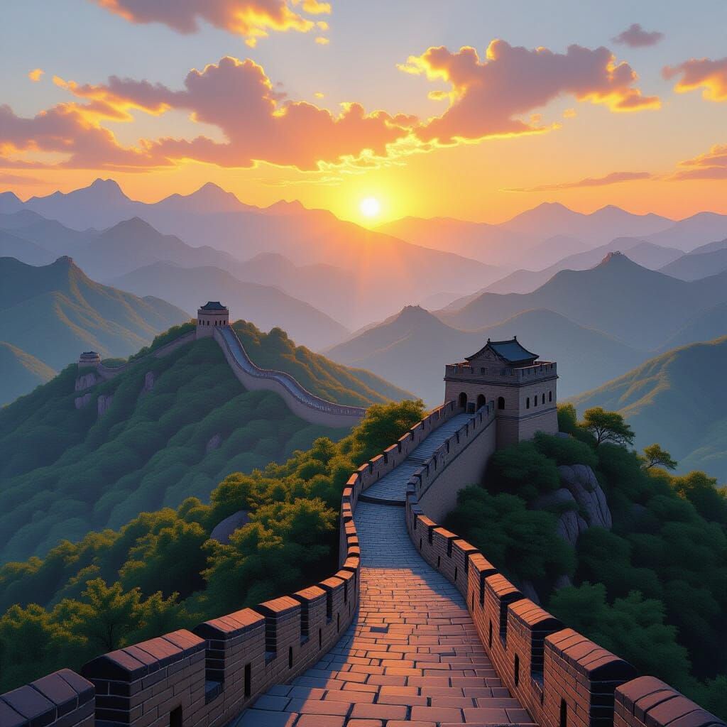 Great Wall of China at Misty Sunrise