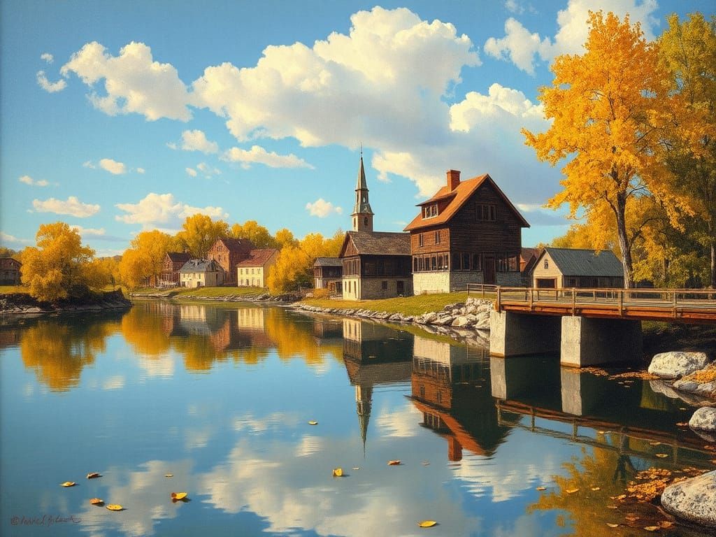 Peaceful Autumn Village Landscape Painting