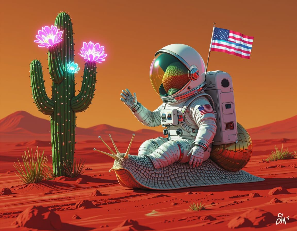 Mars Snail in Spacesuit Meets Glowing Alien Cactus