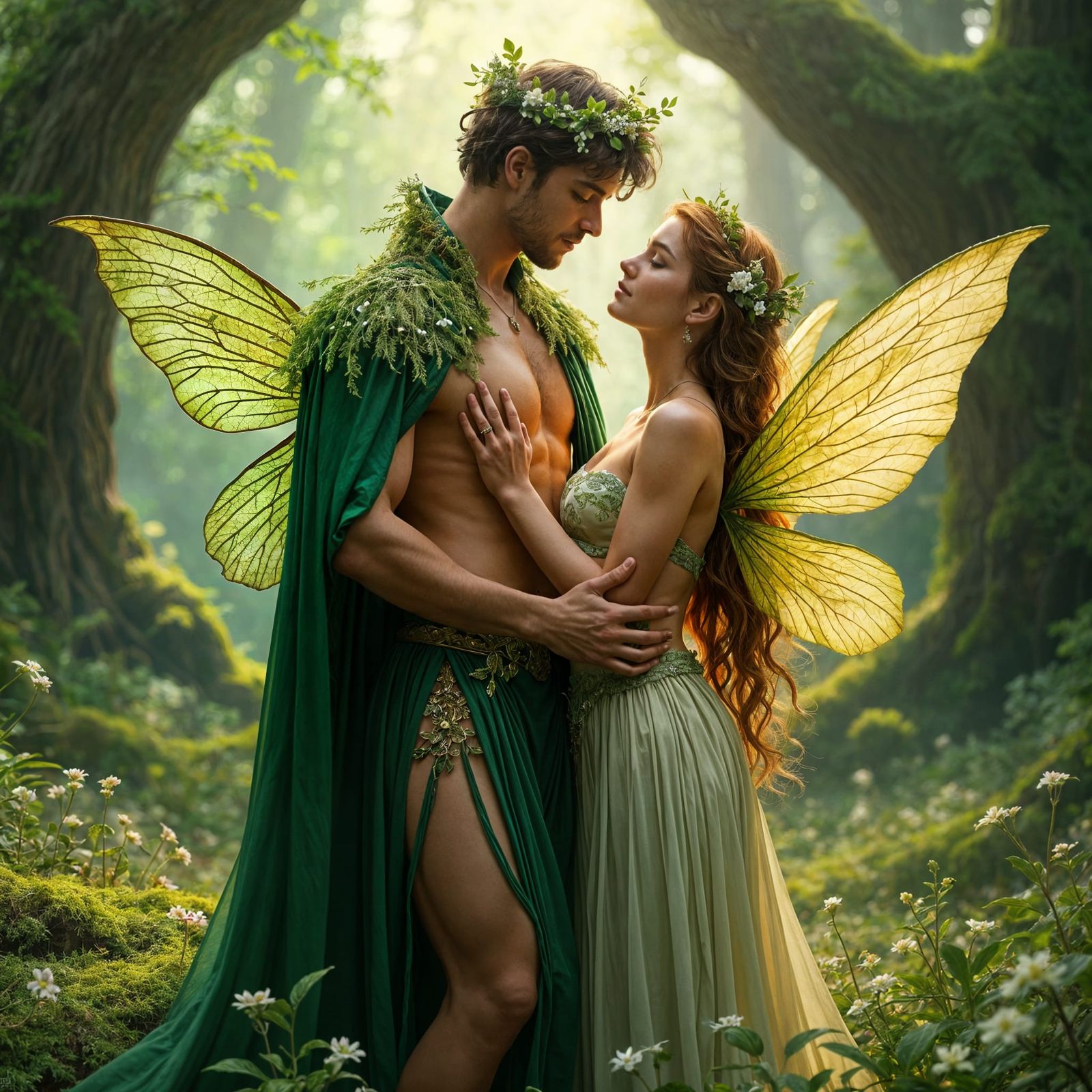 Enchanted Woodland Fairy Couple in Ethereal Light