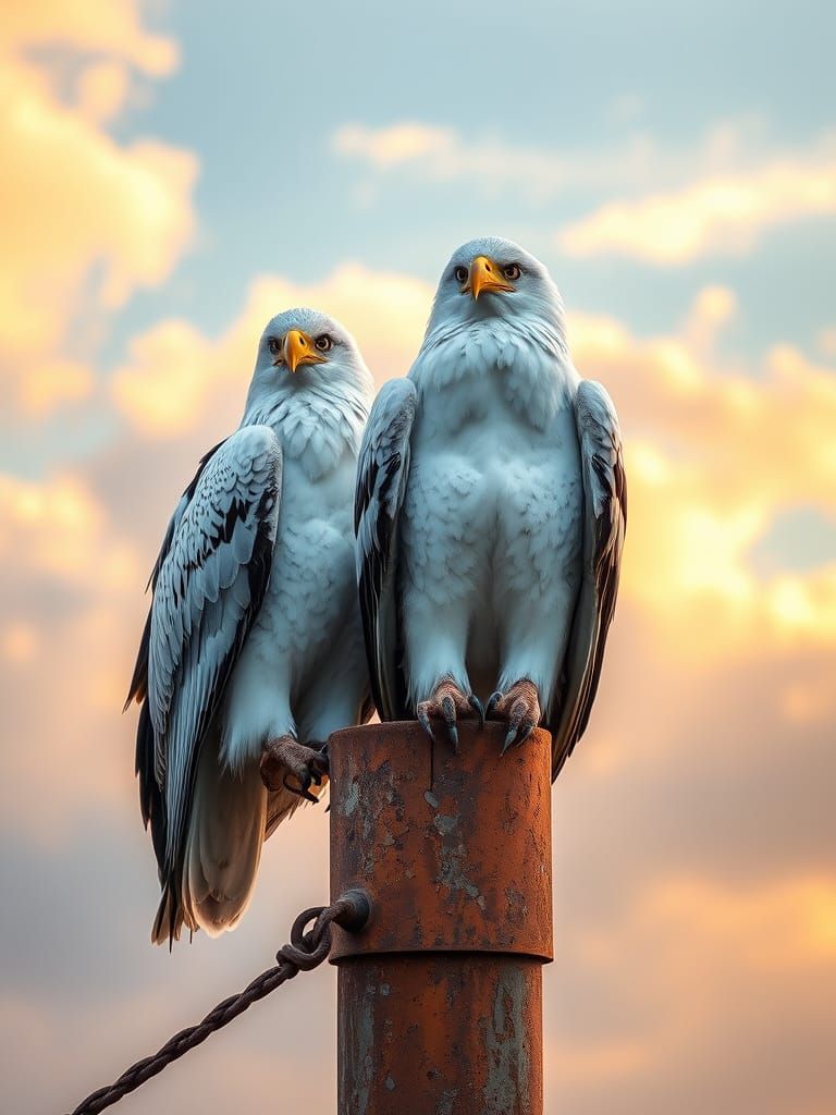 A cloudy bokeh sky envelopes a pair of eagles regally perche...