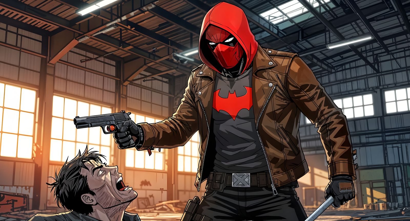 Anime-Style Red Hood Interrogation in Warehouse