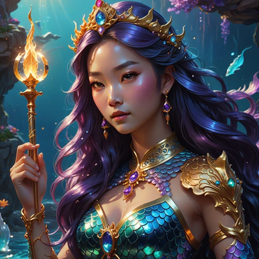 Chinese Mermaid with Torch in Oil Painting Style