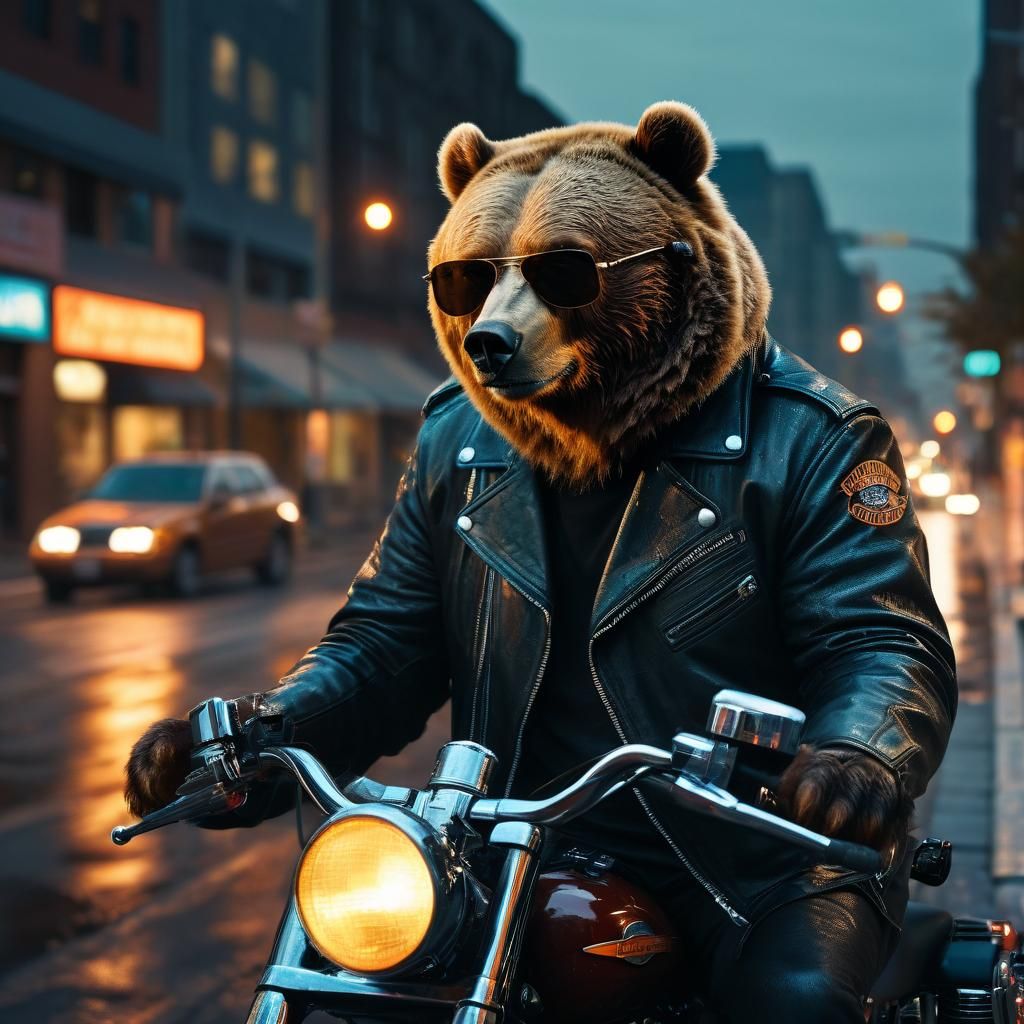 Bear Biker Rides Harley in Cinematic Cityscape