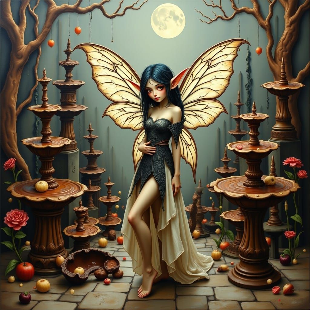 A fairy elf surrounded by chocolate fountains, surreal, whimsical <lora:Fairy Elf Flux:1.0>