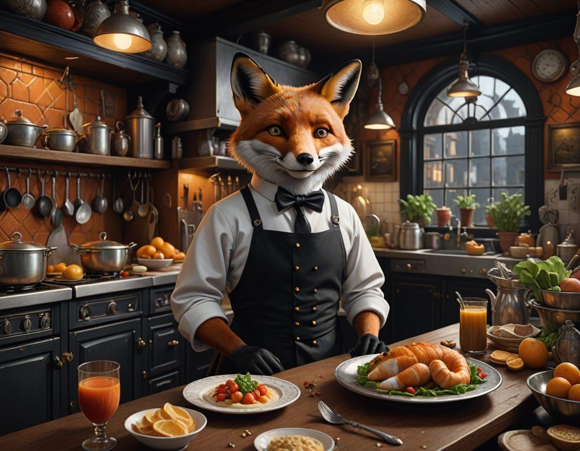 Fox Chef in Naive Art Kitchen