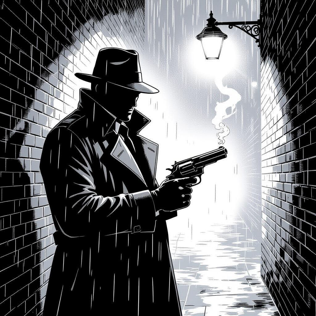 Noir Detective in Rainy Alleyway, Black and White Comic Art