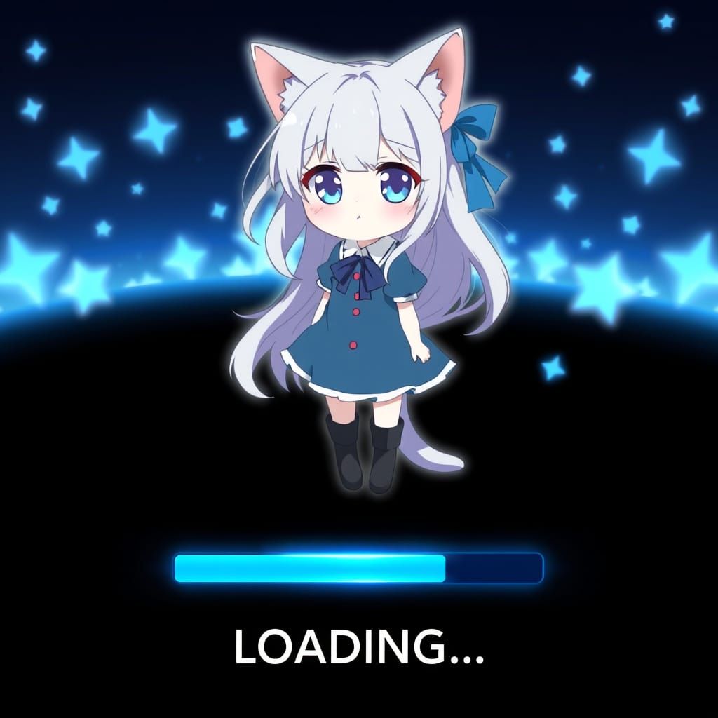Anime Catgirl in Ethereal Blue Background with Blue Gradient...