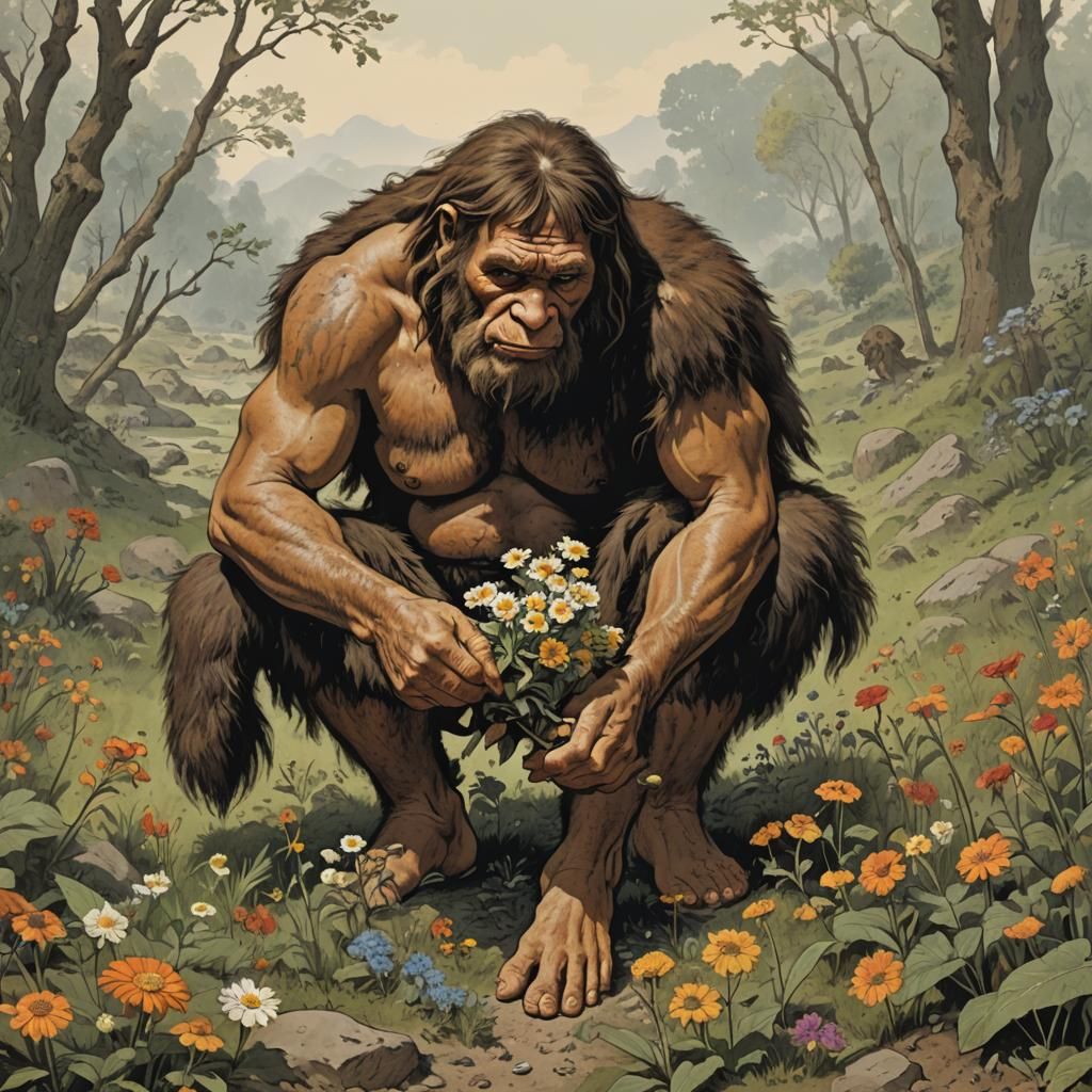 Neanderthal Man Picking Flowers in a Field