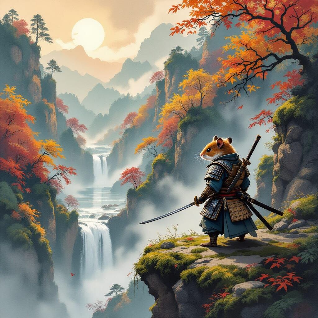 Samurai Hamster Overlooks Autumn Forest and Waterfall