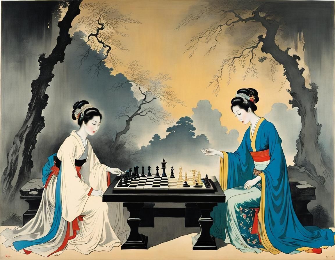 Wise Japanese women playing a game of chess