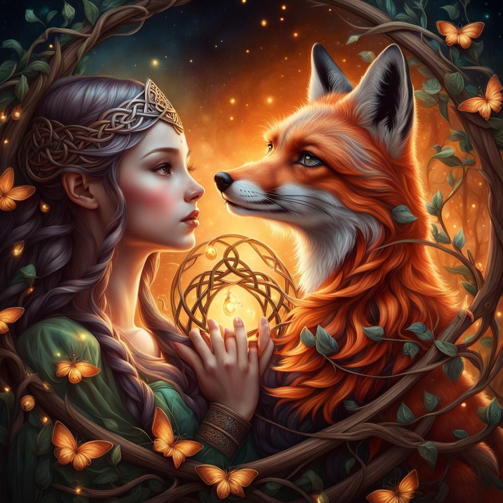Toddler and Fox Celtic Knot Portrait in Dark Fantasy Art