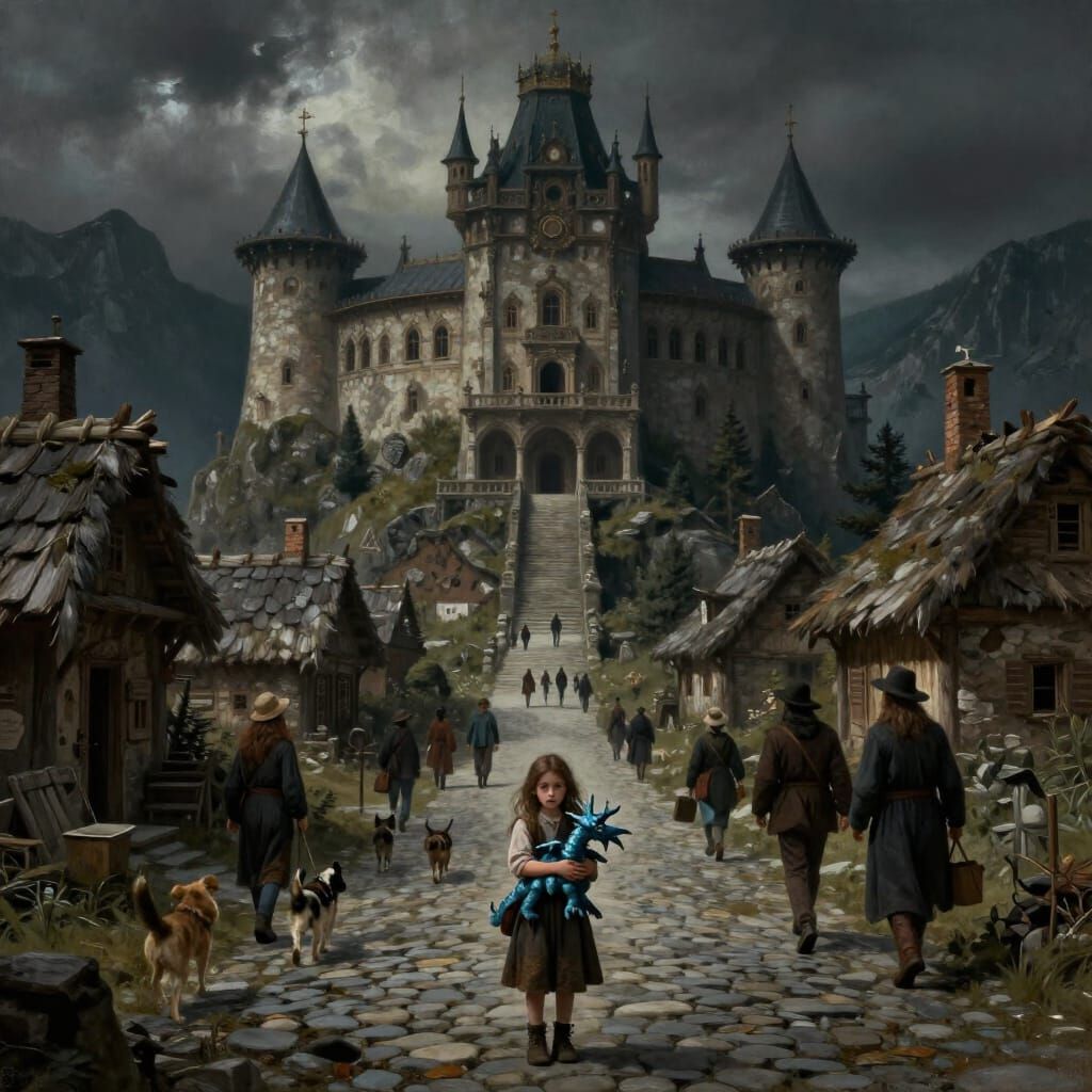 Fantasy Mountain Village with Girl and Dragon
