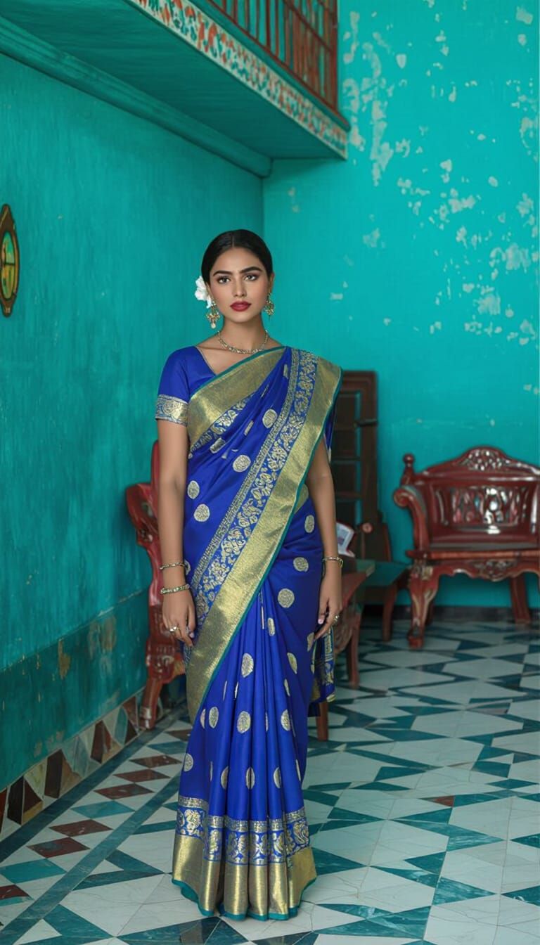 Woman in Red Saree with White Flowers, Photorealistic Portra...