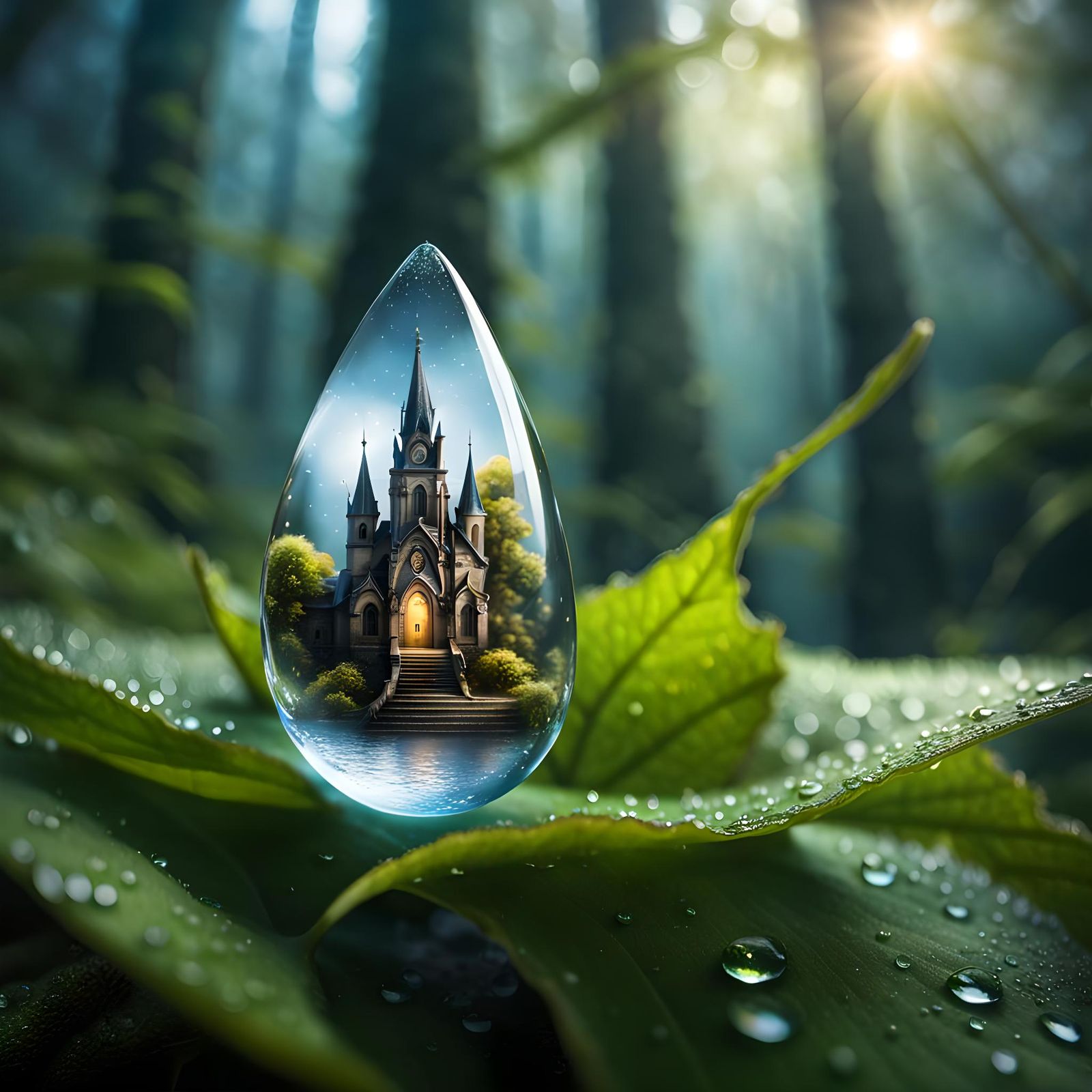 Miniature Church Reflected in Giant Dewdrop
