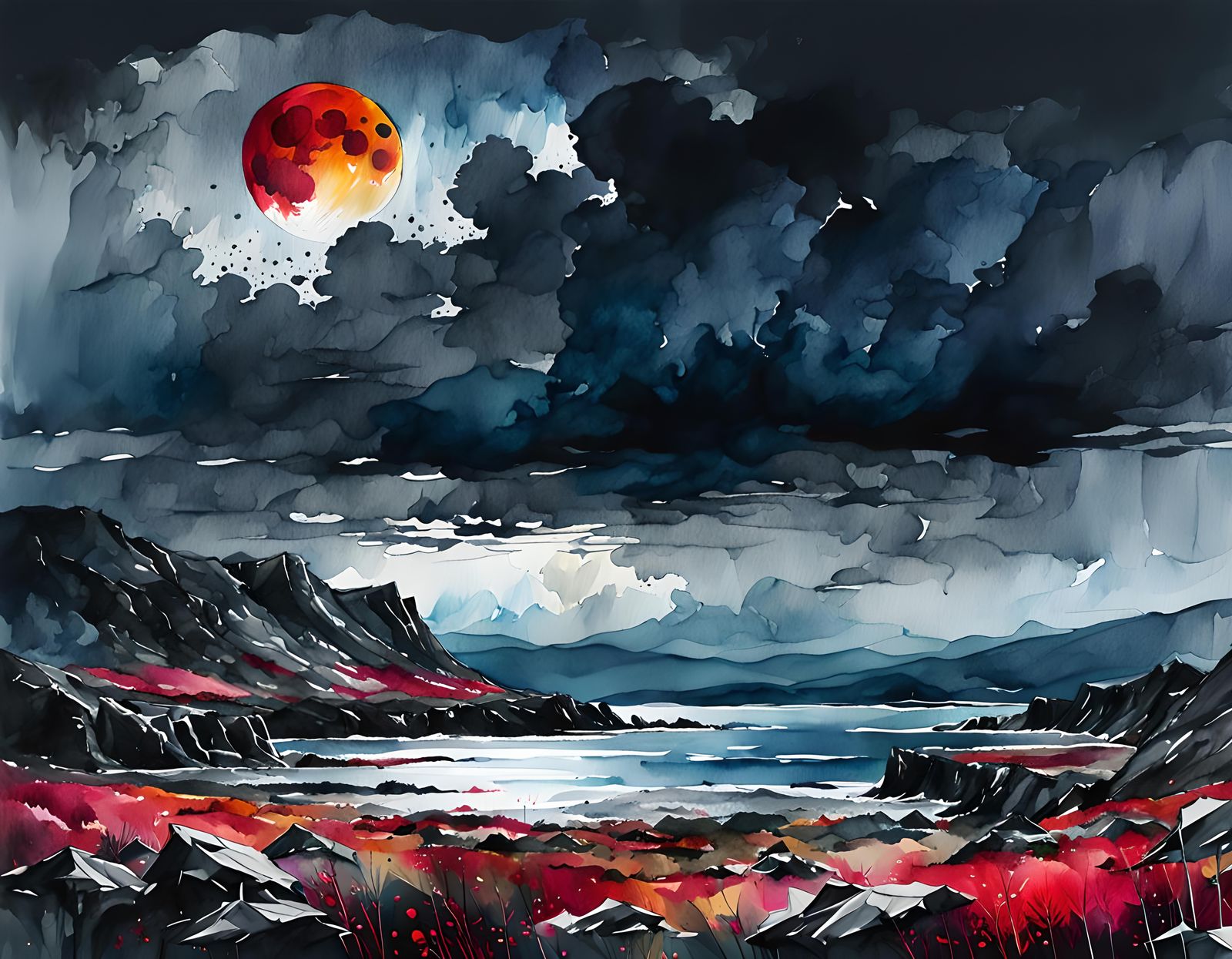 Stormy Blood Moon Landscape in Digital Watercolor