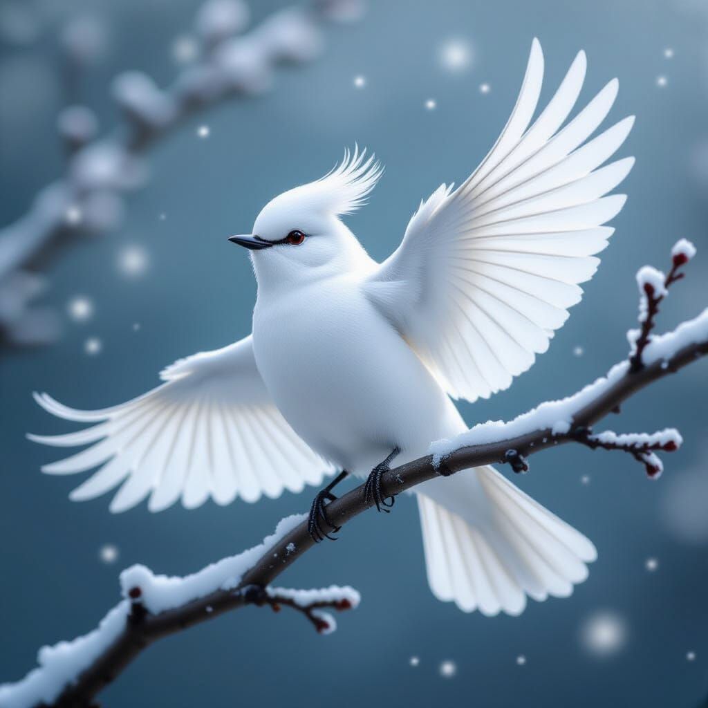 Japanese Snow Fairy Bird in Winter Landscape