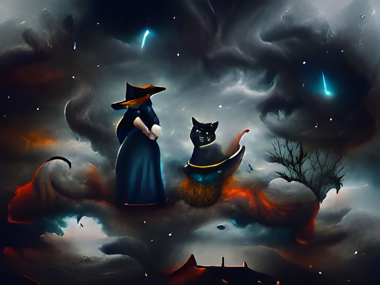 Ominous Sky Witch and Cat Digital Painting
