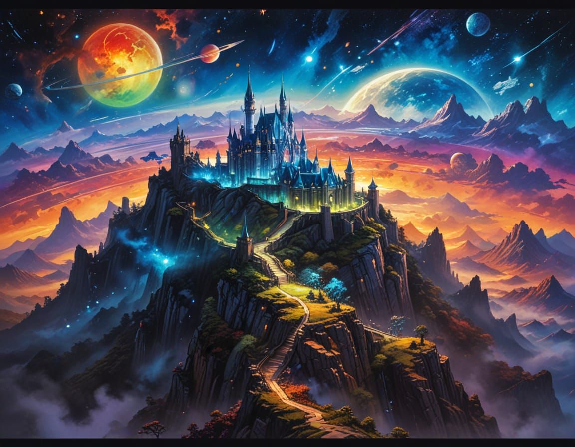 Gouache Castle Shines on Mystical Mountain Galaxy