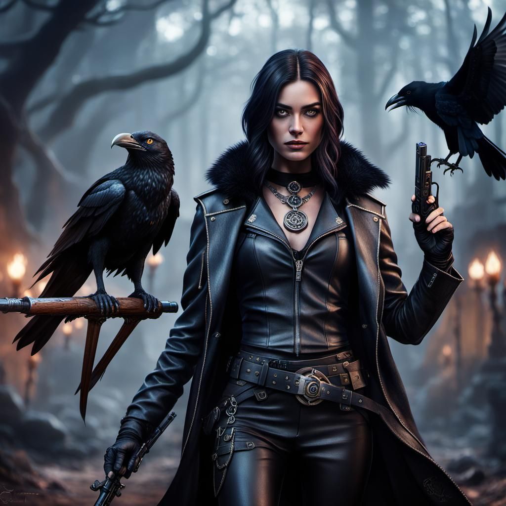 Hunter Girl with Raven: Hyperrealistic Concept Art