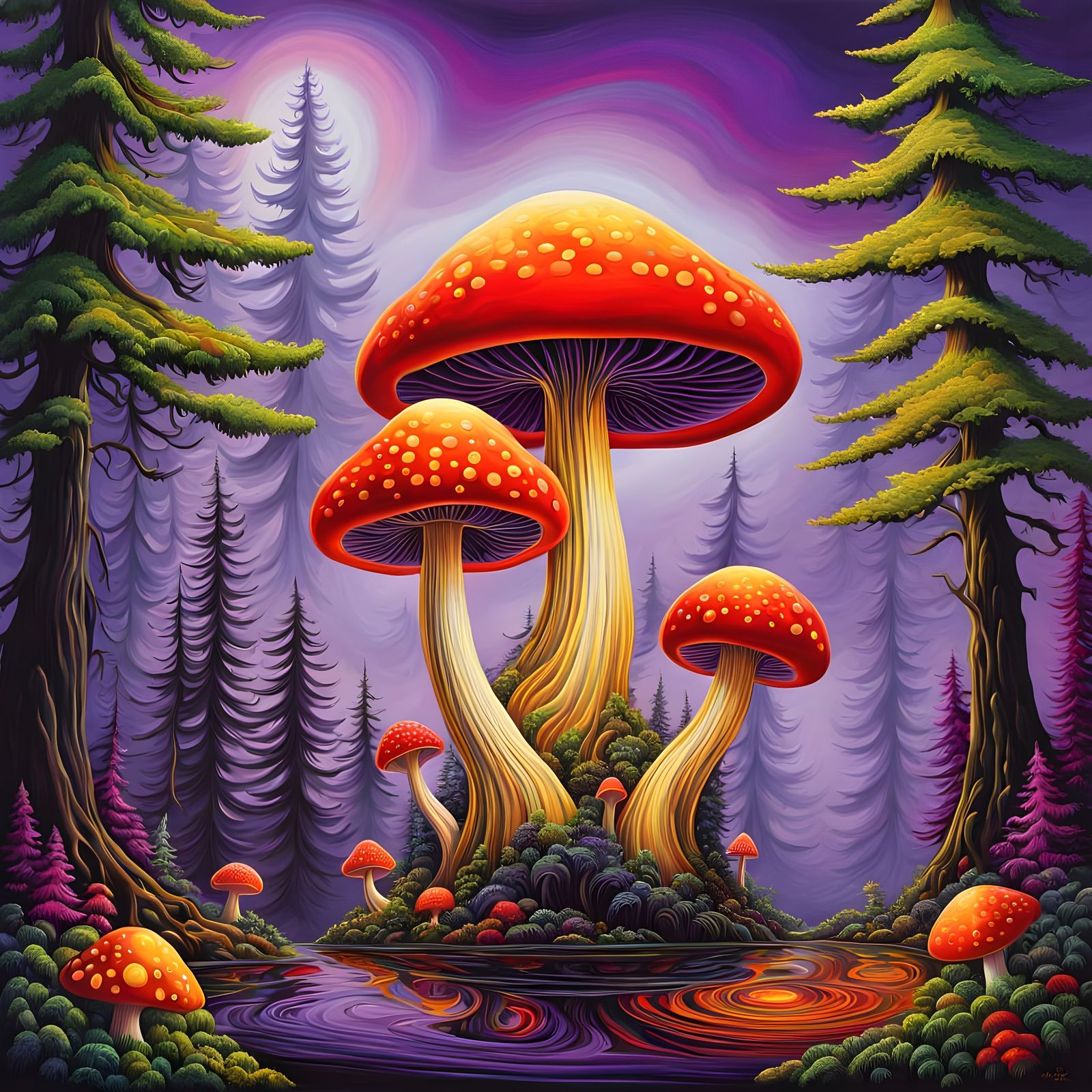 Glowing Giant Mushroom: Surreal Oil Painting