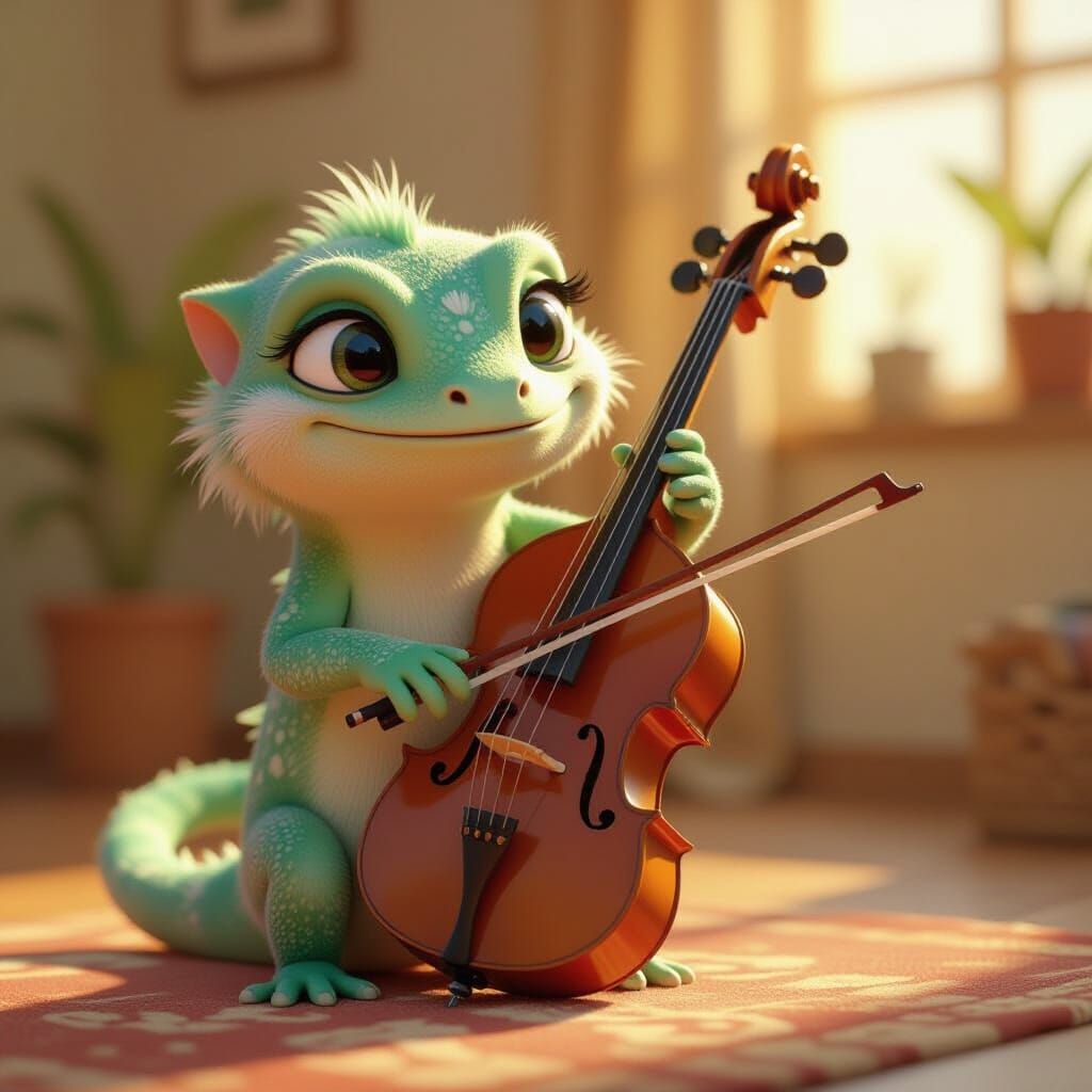 Cute CGI Gecko Plays Double Bass in Vibrant Light