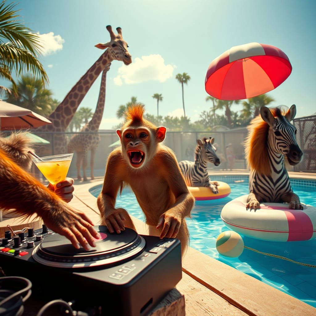 Surreal Zoo Animals Pool Party in Cinematic Style