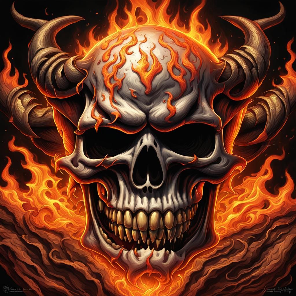 Flaming Skull Gothic Art in Digital Painting Style