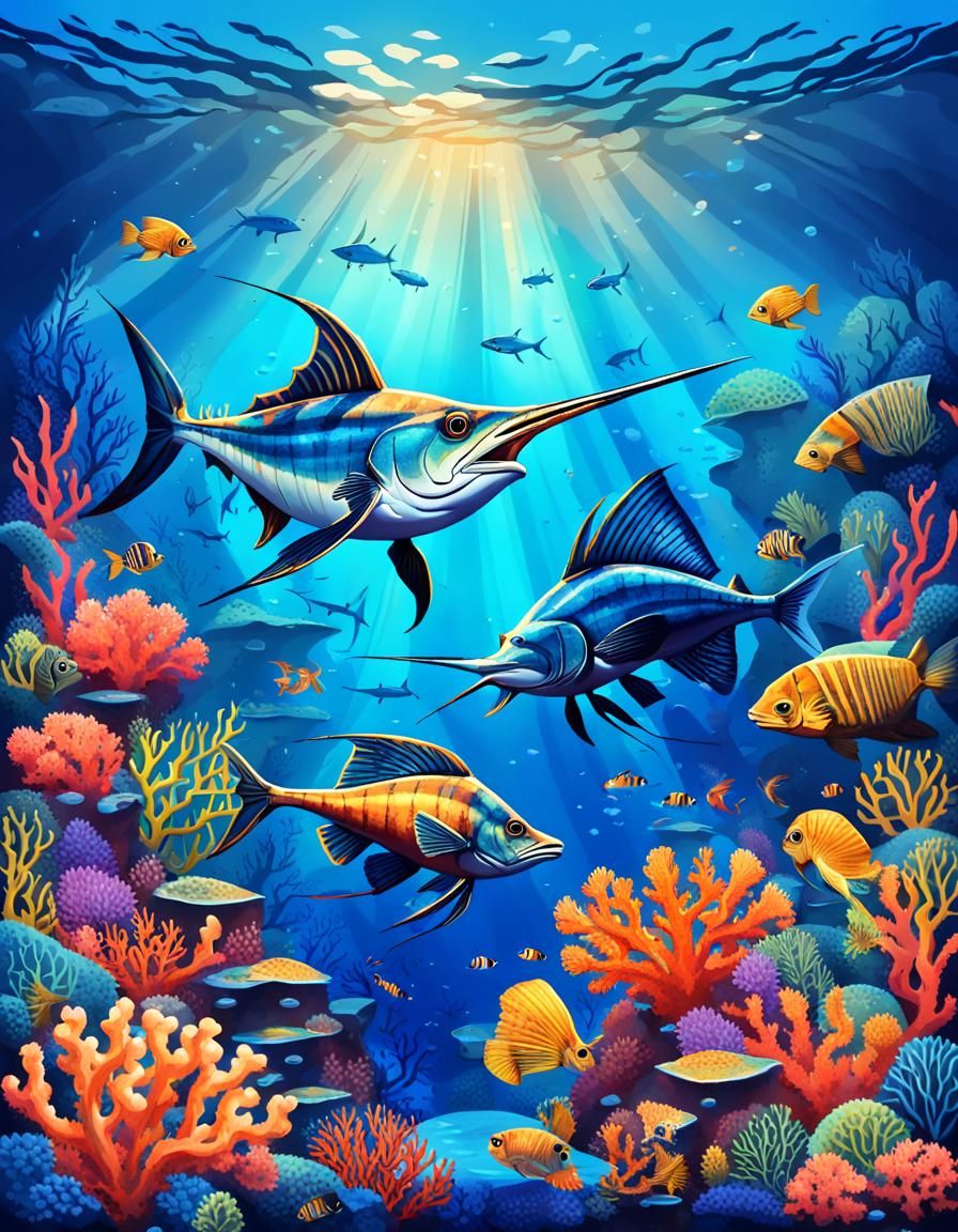 Epic Coral Reef Scene with Swordfish and Seahorses