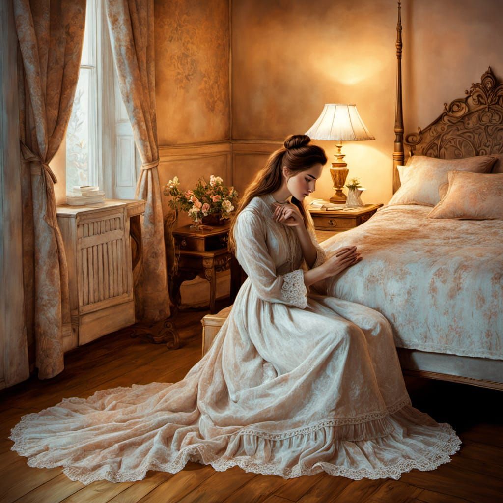 Victorian Era Woman in Prayer, Oil Painting in Golden Light