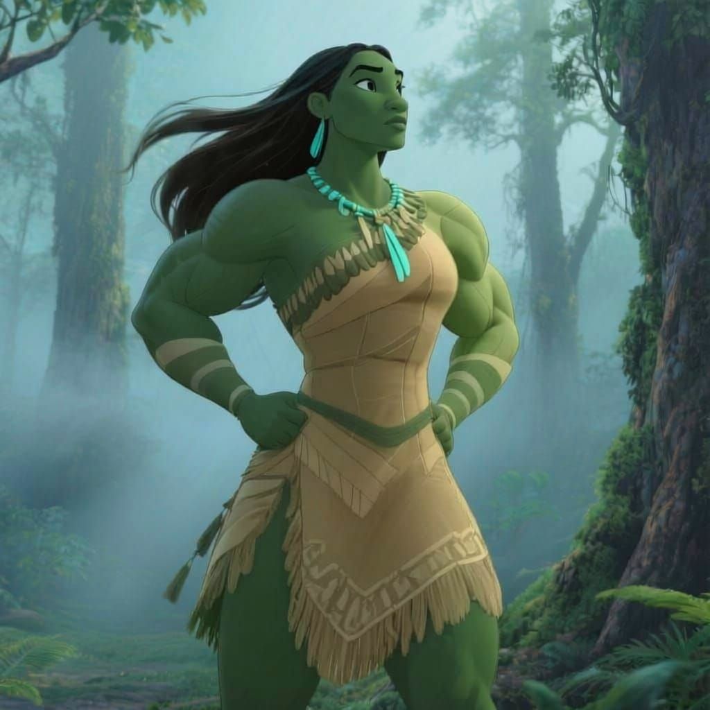 Muscular Green Pocahontas in Misty Woods