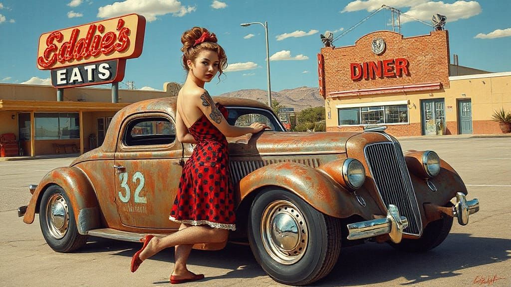 Sultry Pin-Up Girl Leans Against Vintage Rat Rod in Desert D...