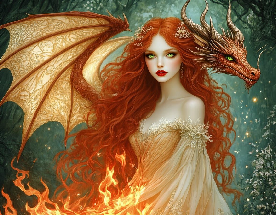 Ethereal Fire Witch and Dragon in Magical Scene
