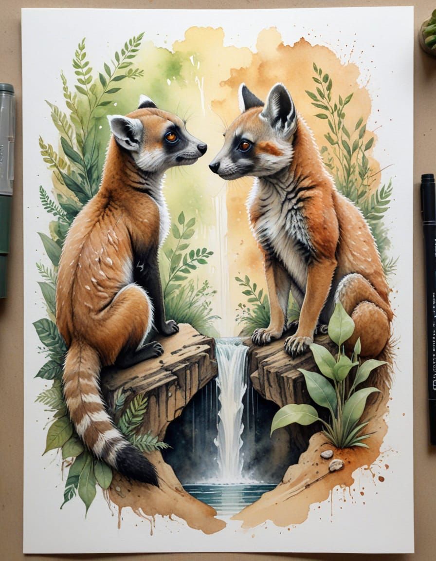 Forest Lemur & Desert Fox: Nature's Opposites in Sketch Art