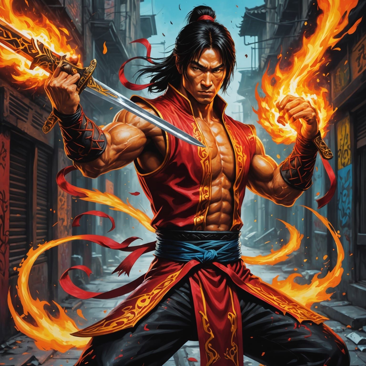 Liu Kang with Fiery Sword in Graffiti Art Style