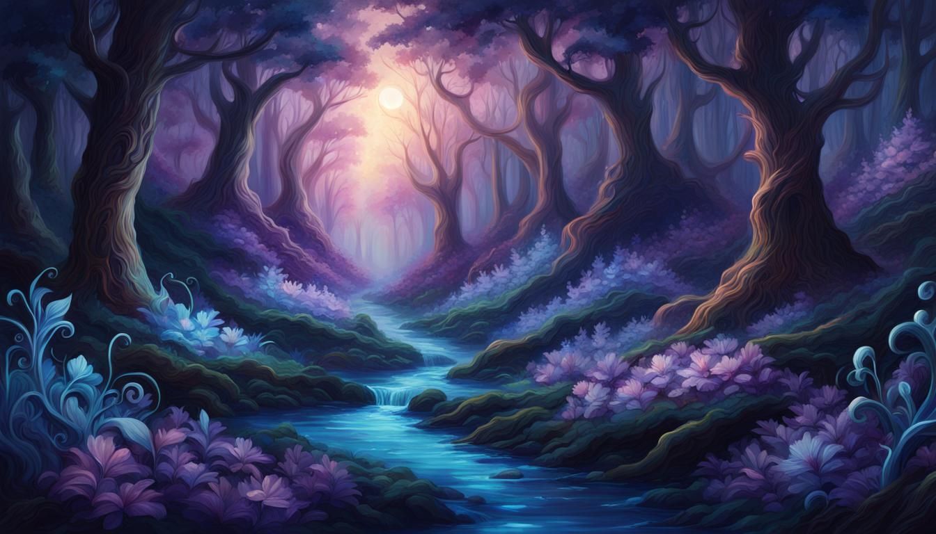 Glowing Fantasy Forest at Night as Watercolor