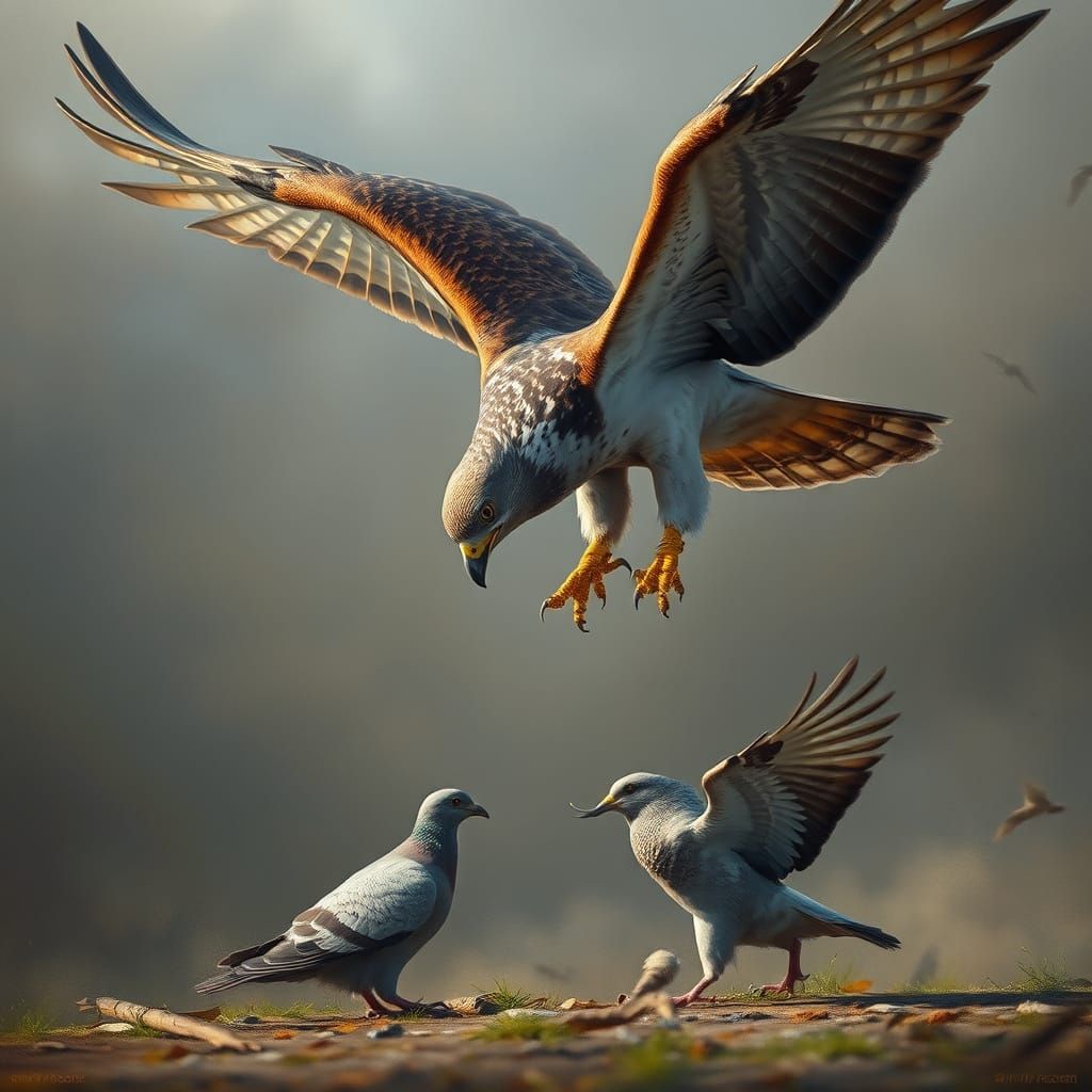 Hawk Diving for Pigeon in Dramatic Wildlife Scene