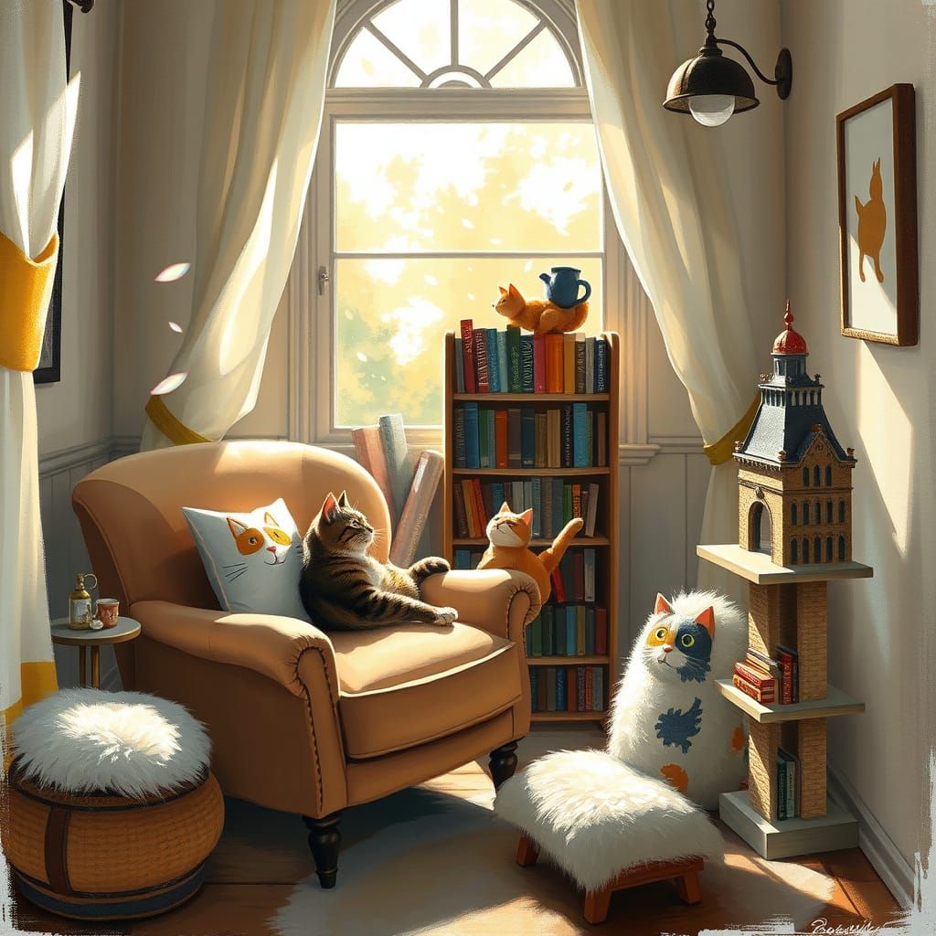 Cozy Cat Lover's Reading Nook in Impressionist Style