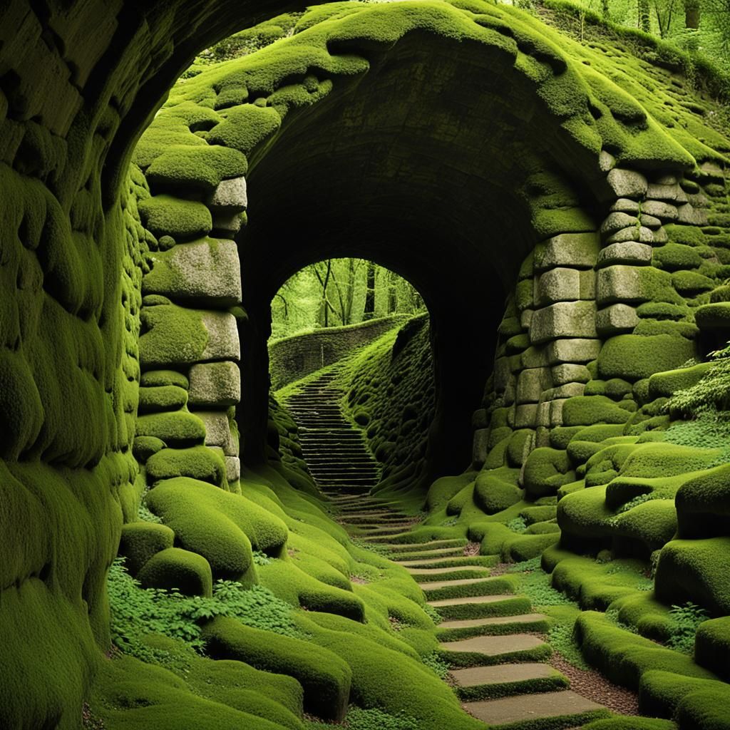 Verdant Forest Portal Through Ancient Stone Tunnel
