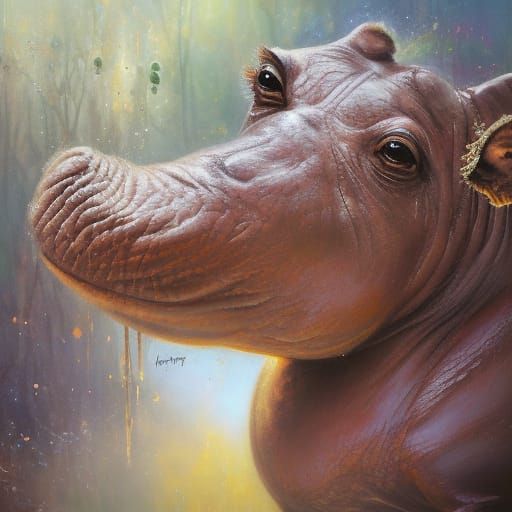 Surreal Hippo Horse Owl Hybrid Oil Painting