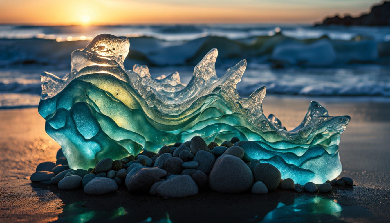 Fragmented Sea Glass Sculpture of Mythical Wave and Anglerfi...